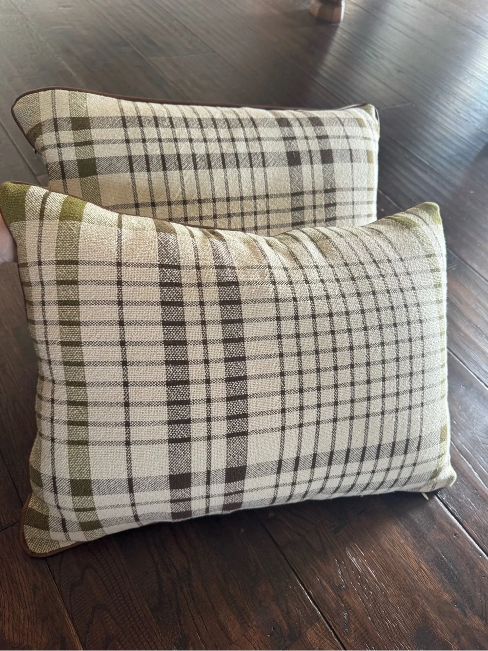 Hearth & Hand Plaid Throw Pillow Pair in Brown Beige and Olive Green